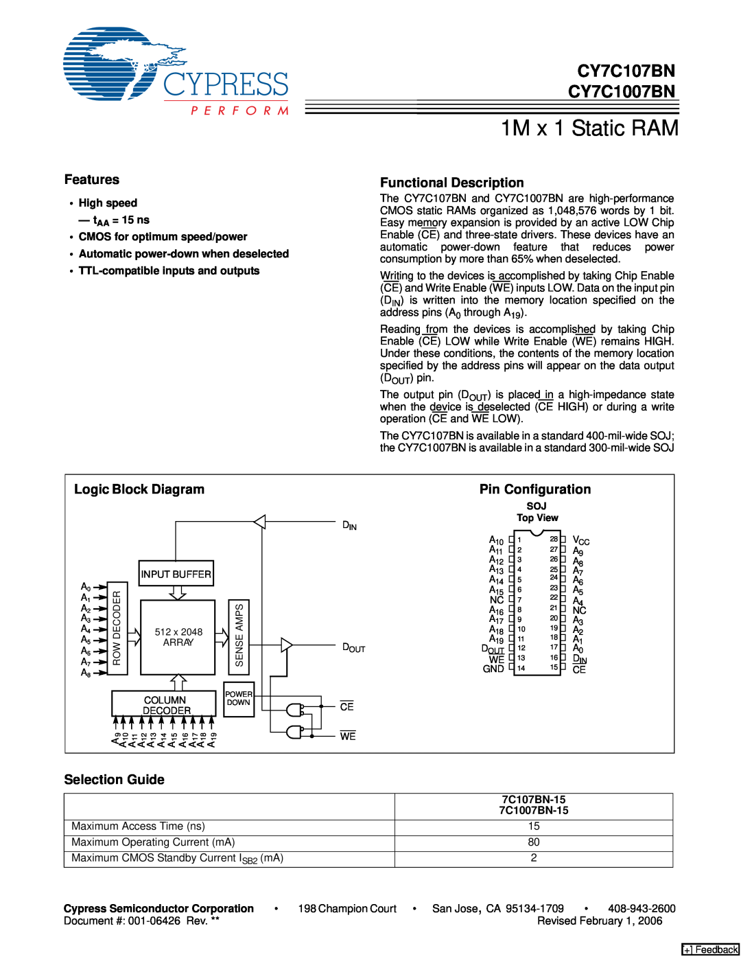 Cypress manual CY7C107BN CY7C1007BN, Features, Functional Description, Logic Block Diagram, Pin Configuration 