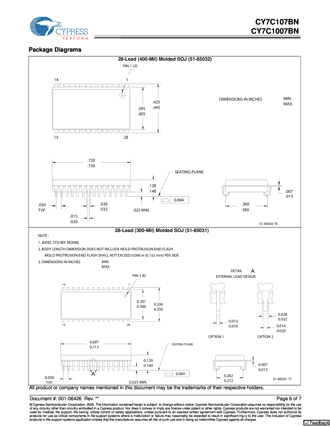 Cypress manual Package Diagrams, CY7C107BN CY7C1007BN, Lead 400-Mil Molded SOJ, Lead 300-Mil Molded SOJ, + Feedback 