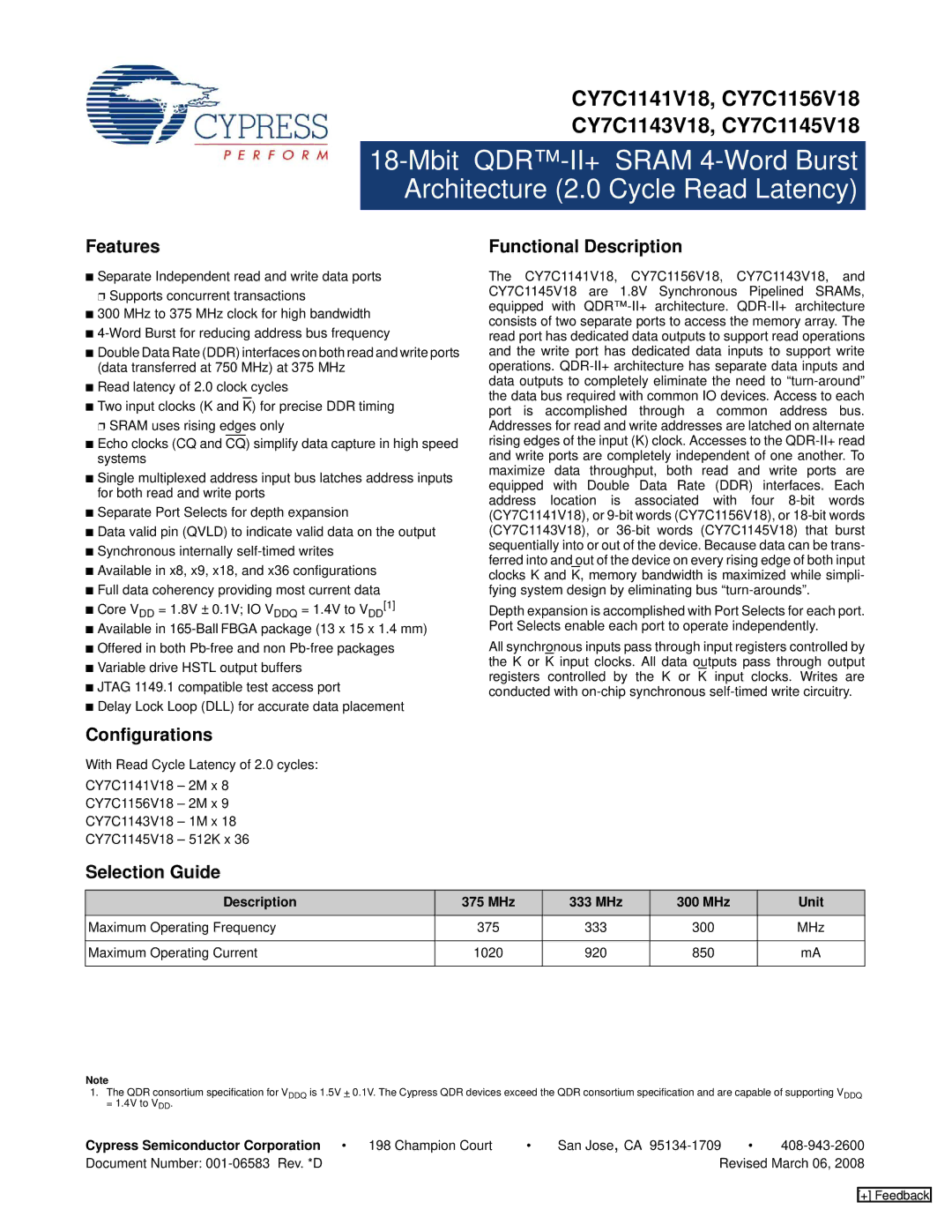 Cypress CY7C1141V18, CY7C1145V18, CY7C1143V18 manual Features, Functional Description, Configurations, Selection Guide 