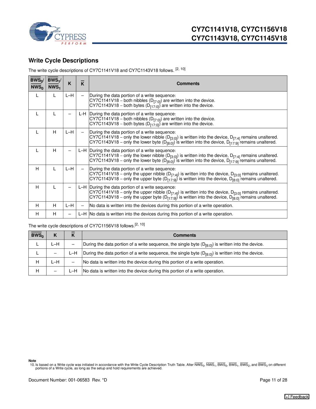 Cypress CY7C1156V18 Write Cycle Descriptions, Comments, Remains unaltered, During the data portion of a write sequence 