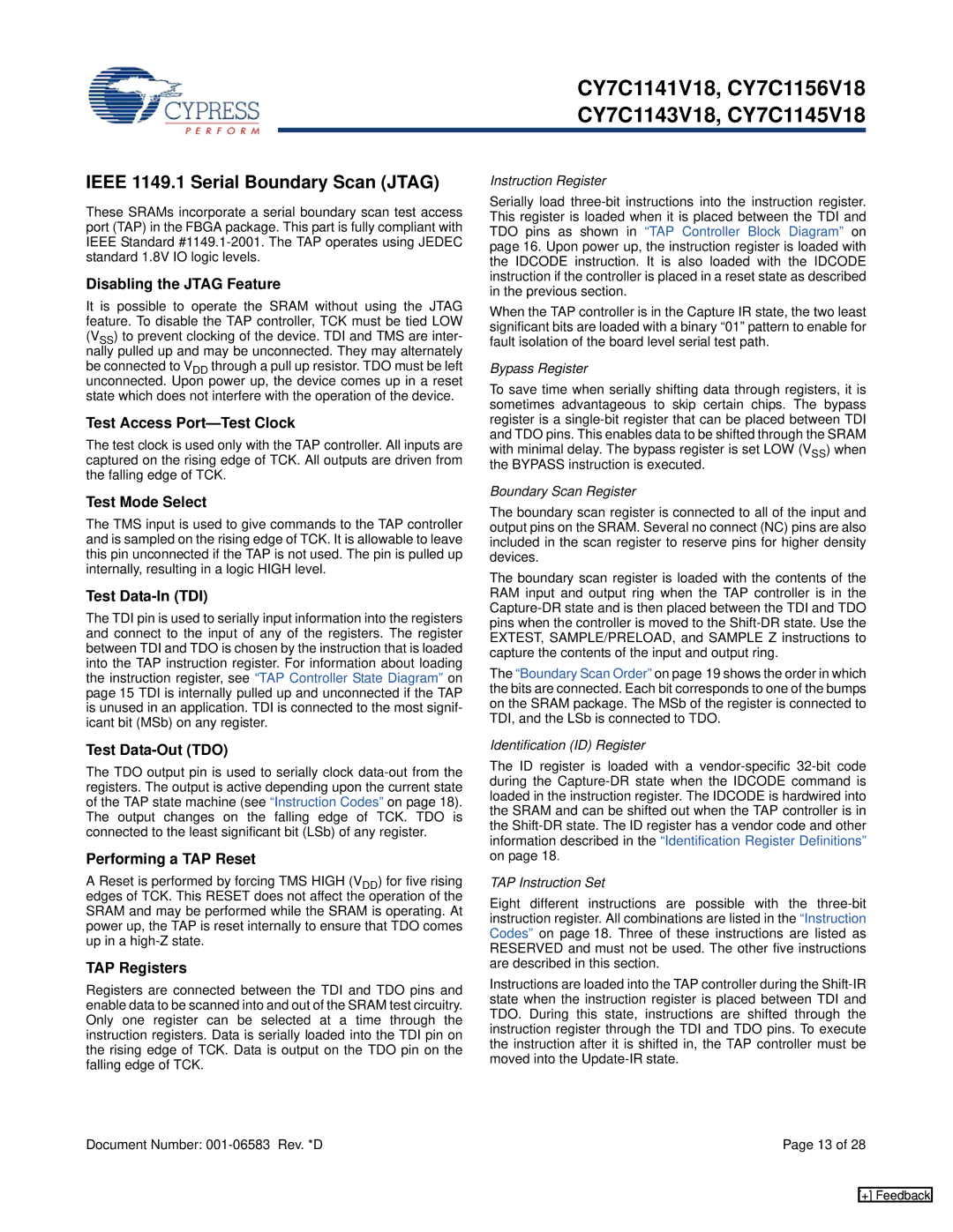 Cypress CY7C1141V18, CY7C1145V18, CY7C1143V18, CY7C1156V18 manual Ieee 1149.1 Serial Boundary Scan Jtag 