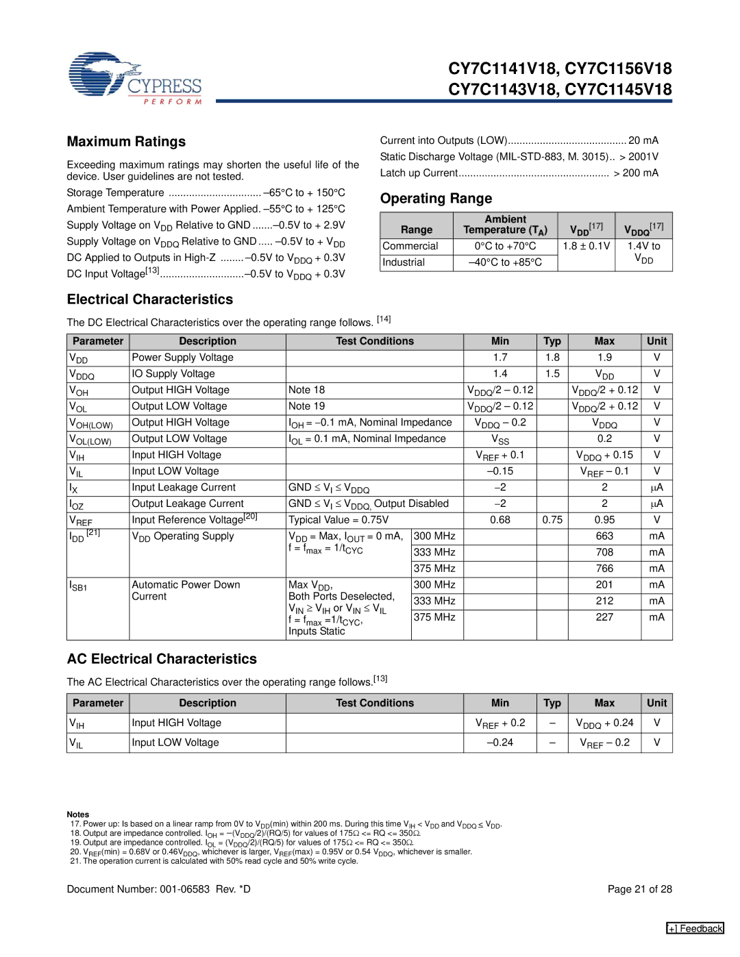 Cypress CY7C1141V18, CY7C1145V18, CY7C1143V18 manual Maximum Ratings, Operating Range, AC Electrical Characteristics 