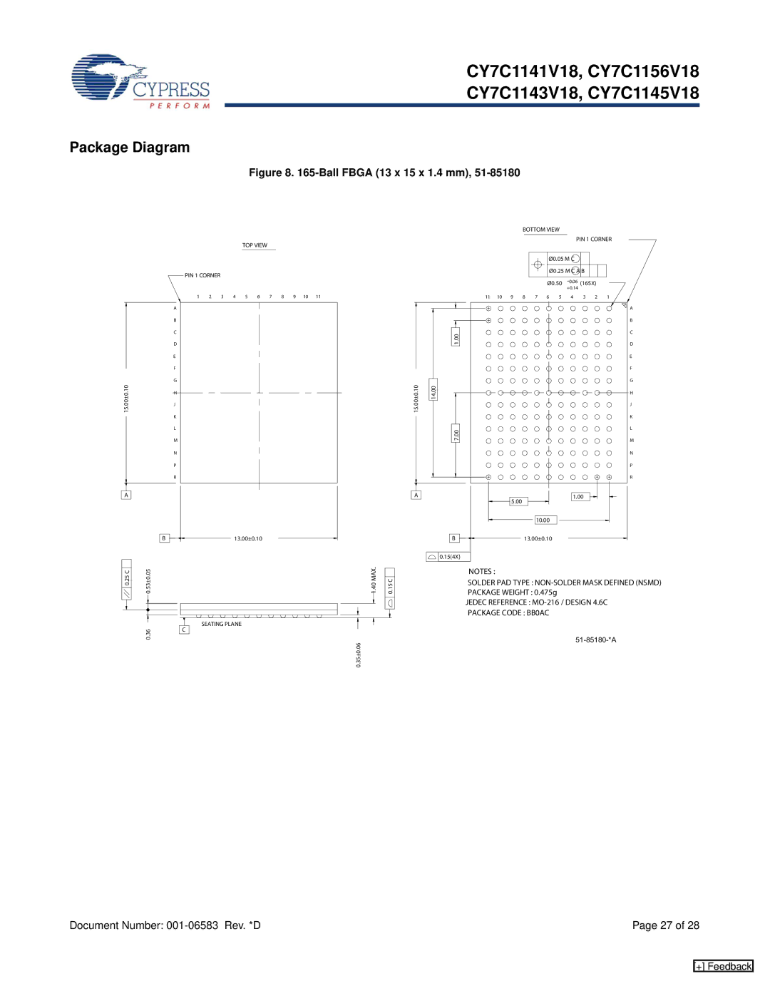 Cypress CY7C1156V18, CY7C1145V18, CY7C1141V18, CY7C1143V18 manual Package Diagram, Ball Fbga 13 x 15 x 1.4 mm 