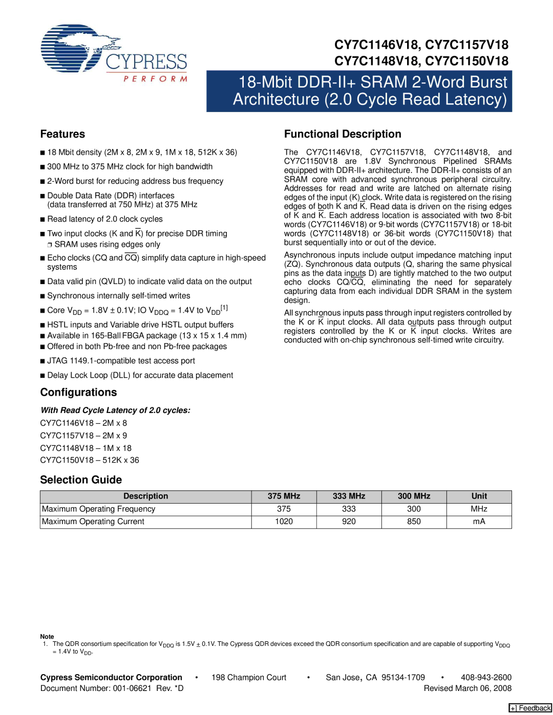 Cypress CY7C1146V18, CY7C1148V18, CY7C1150V18 manual Features, Configurations, Selection Guide Functional Description 