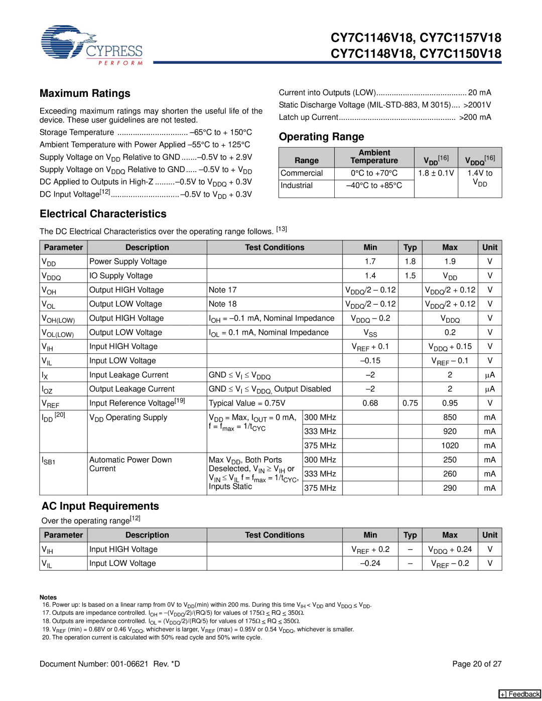 Cypress CY7C1148V18, CY7C1146V18 manual Maximum Ratings, Operating Range, Electrical Characteristics, AC Input Requirements 