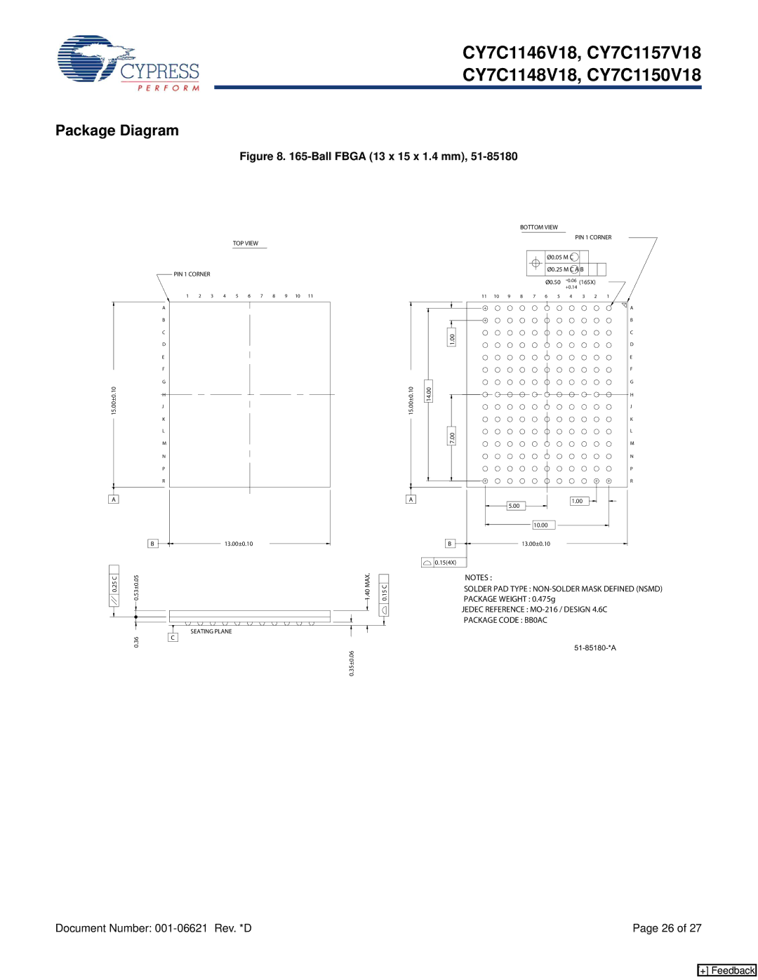 Cypress CY7C1150V18, CY7C1148V18, CY7C1146V18, CY7C1157V18 manual Package Diagram, Ball Fbga 13 x 15 x 1.4 mm 