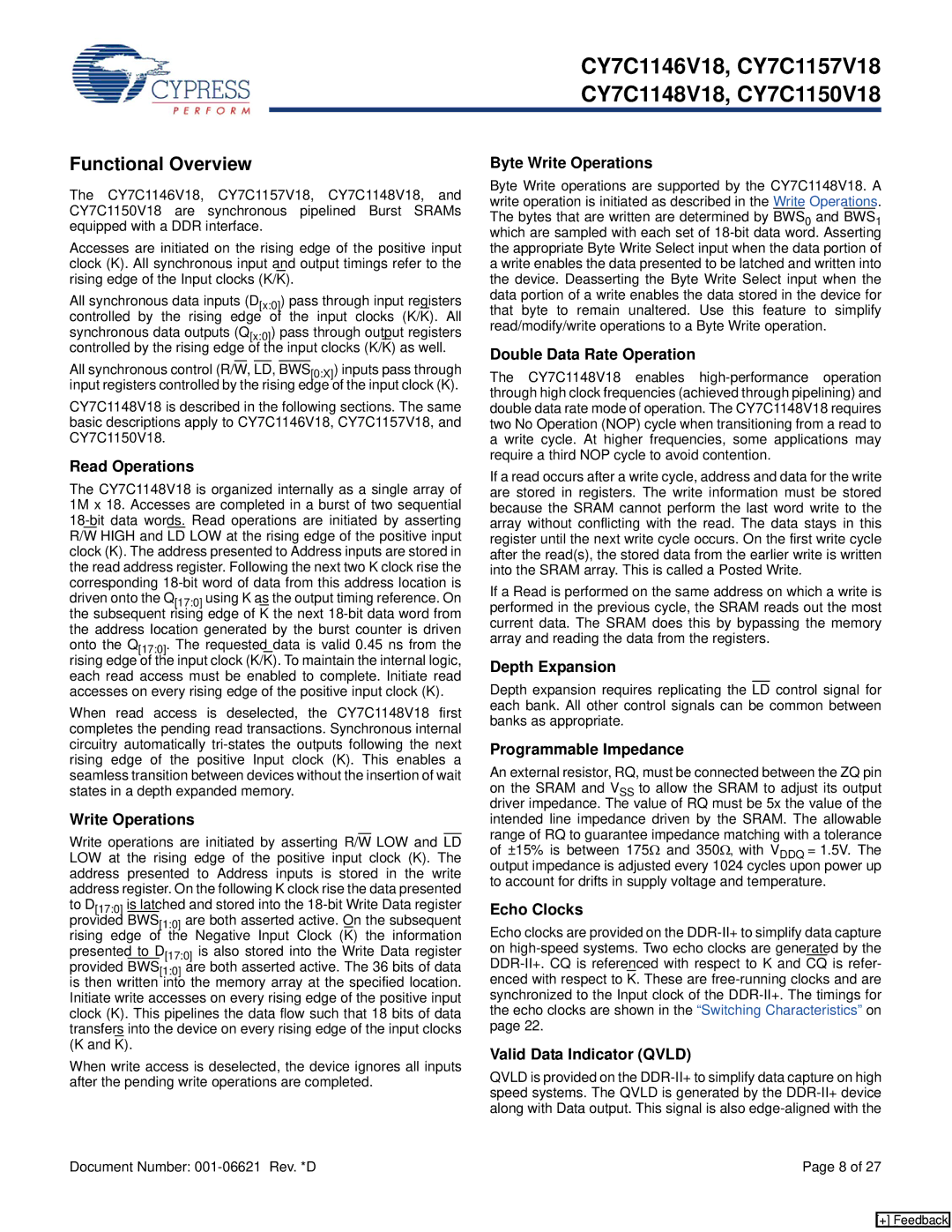 Cypress CY7C1148V18, CY7C1146V18, CY7C1150V18, CY7C1157V18 manual Functional Overview 