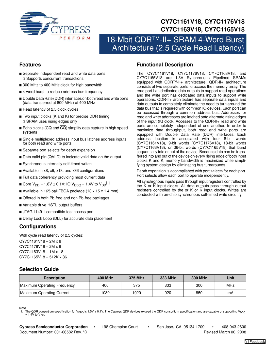 Cypress CY7C1176V18, CY7C1165V18, CY7C1163V18 manual Features, Functional Description, Configurations, Selection Guide 