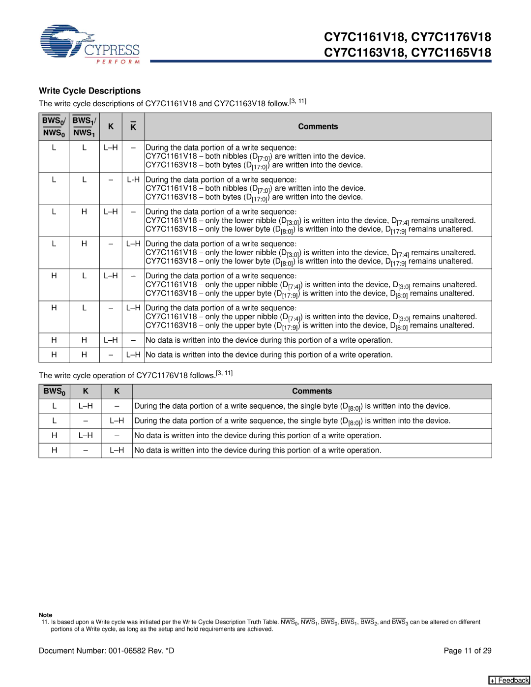 Cypress CY7C1161V18 Write Cycle Descriptions, Comments, Remains unaltered, During the data portion of a write sequence 