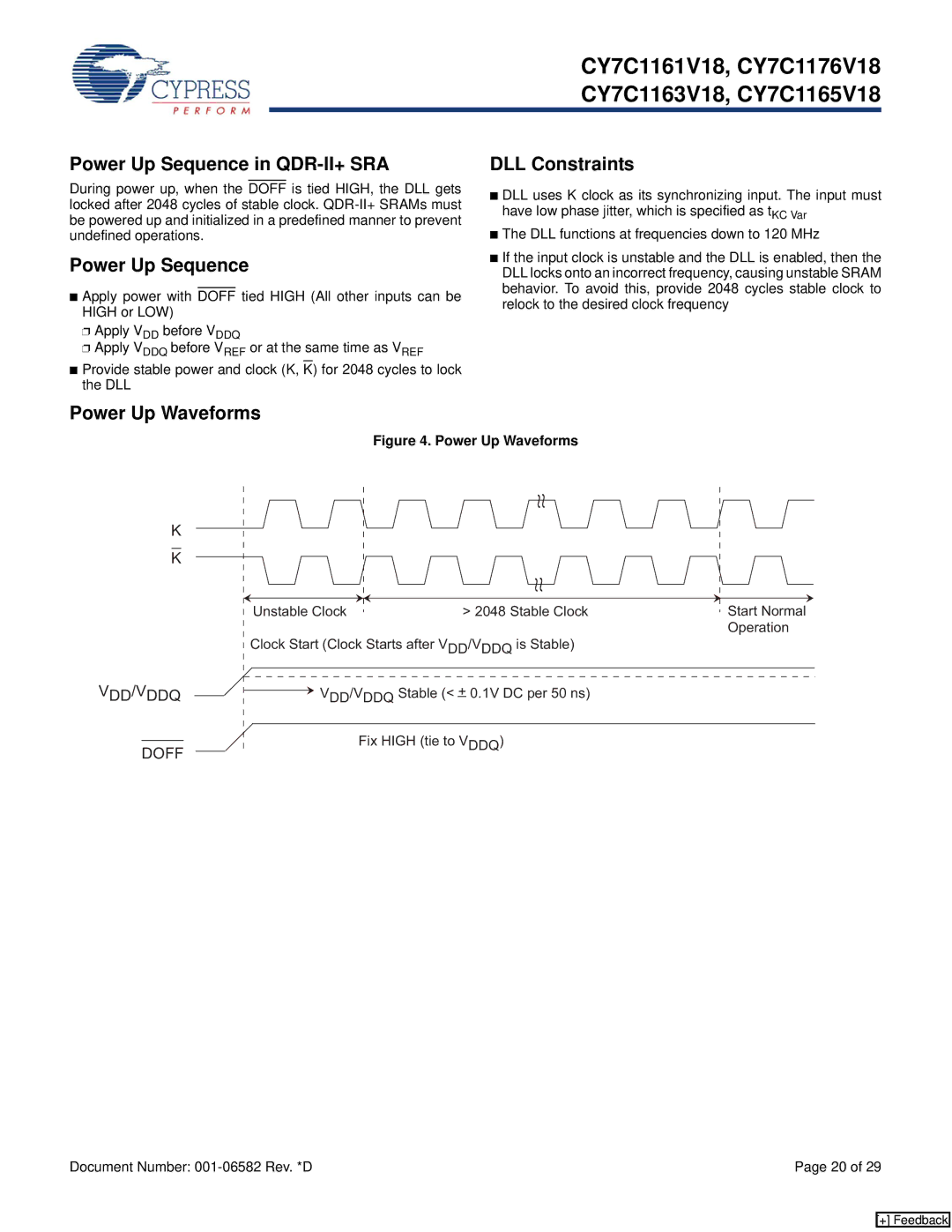 Cypress CY7C1165V18, CY7C1176V18, CY7C1163V18 manual Power Up Sequence in QDR-II+ SRA, DLL Constraints, Power Up Waveforms 