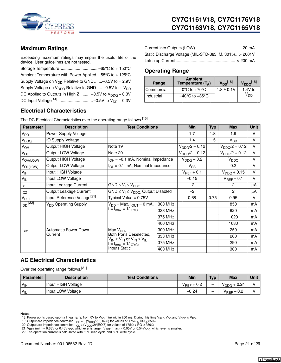 Cypress CY7C1176V18, CY7C1165V18, CY7C1163V18 manual Maximum Ratings, Operating Range, AC Electrical Characteristics 