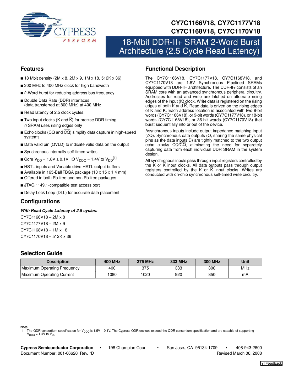 Cypress CY7C1166V18, CY7C1168V18, CY7C1177V18 manual Features, Configurations, Selection Guide Functional Description 