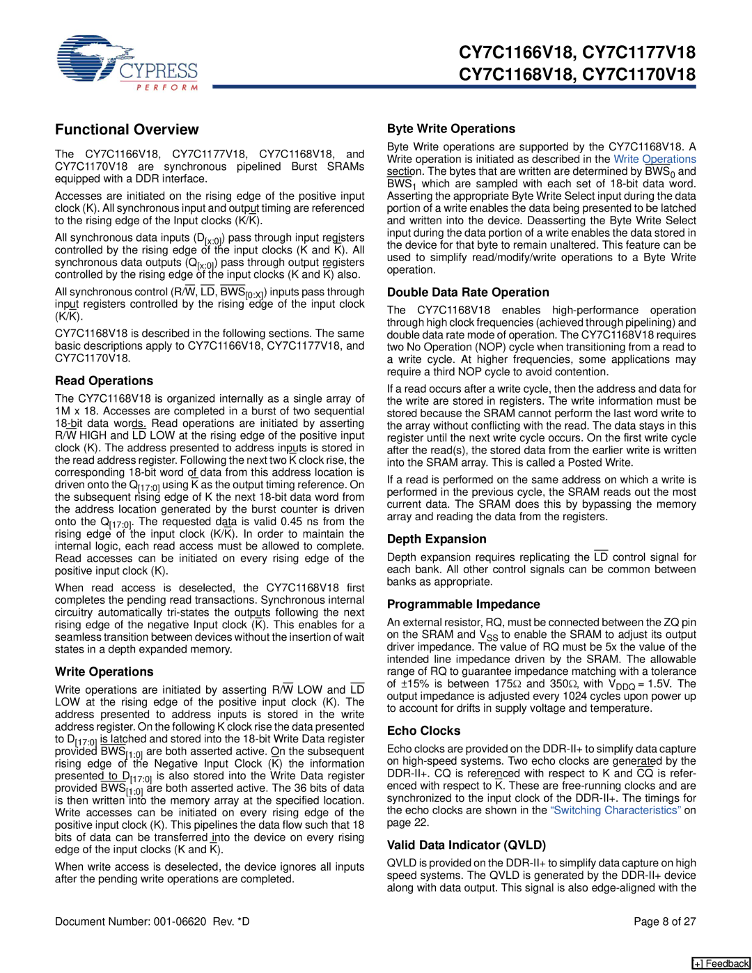 Cypress CY7C1168V18, CY7C1166V18, CY7C1177V18, CY7C1170V18 manual Functional Overview 