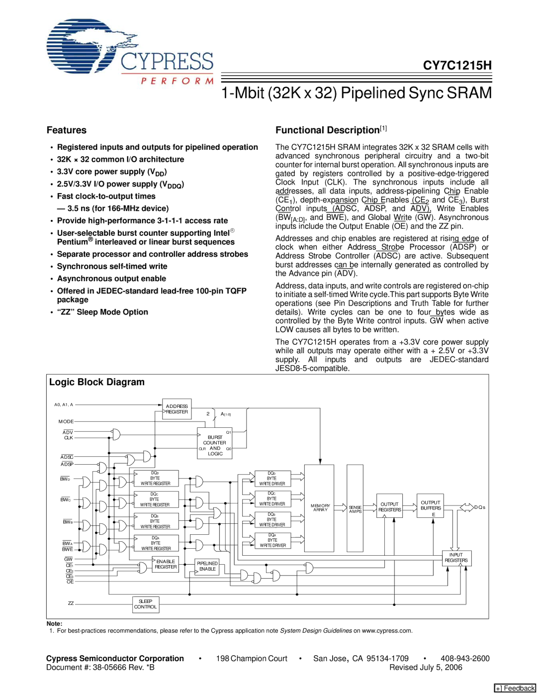 Cypress CY7C1215H manual Features, Functional Description1, Logic Block Diagram, Cypress Semiconductor Corporation 