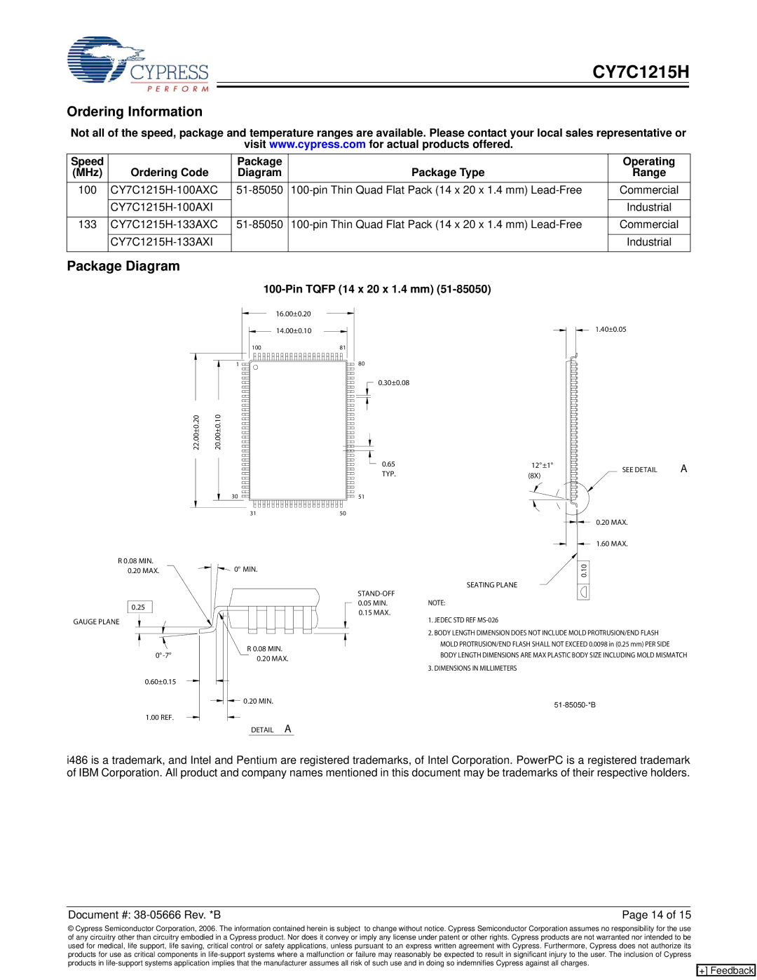 Cypress CY7C1215H manual Ordering Information, Package Diagram, Pin Tqfp 14 x 20 x 1.4 mm 