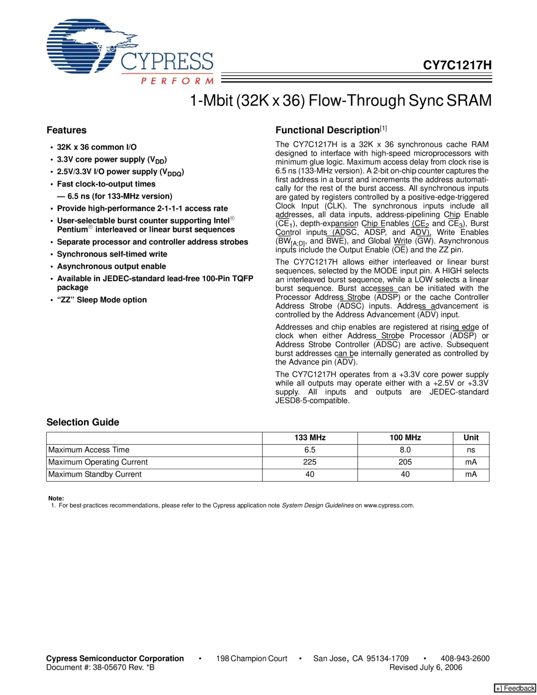 Cypress CY7C1217H manual Features, Selection Guide Functional Description1, MHz 100 MHz Unit 