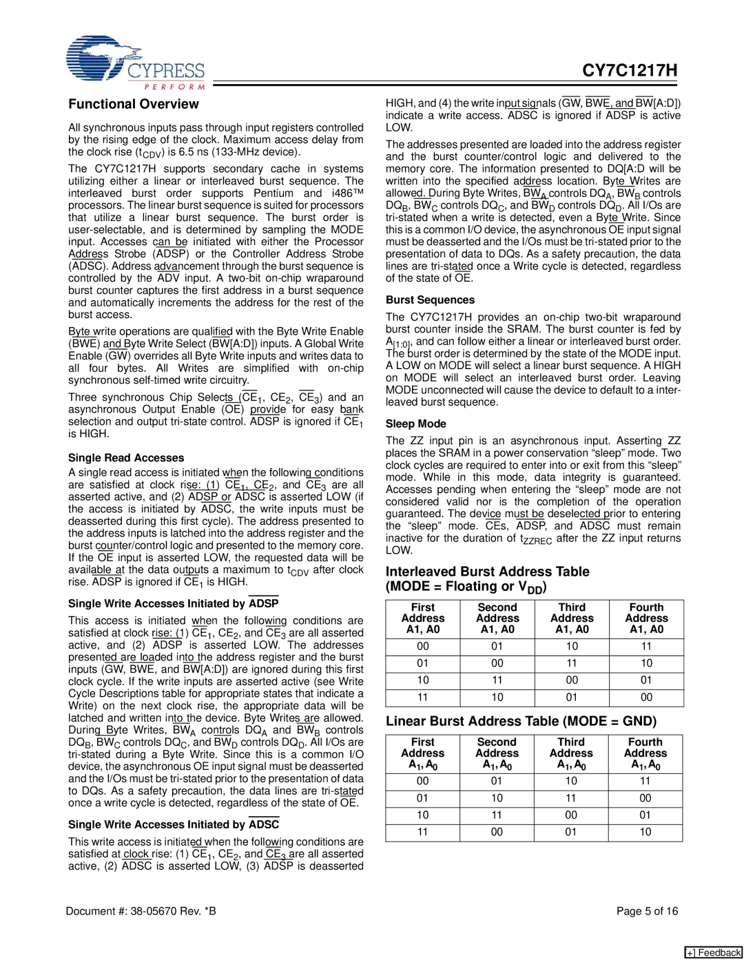 Cypress CY7C1217H manual Functional Overview, Interleaved Burst Address Table Mode = Floating or VDD 