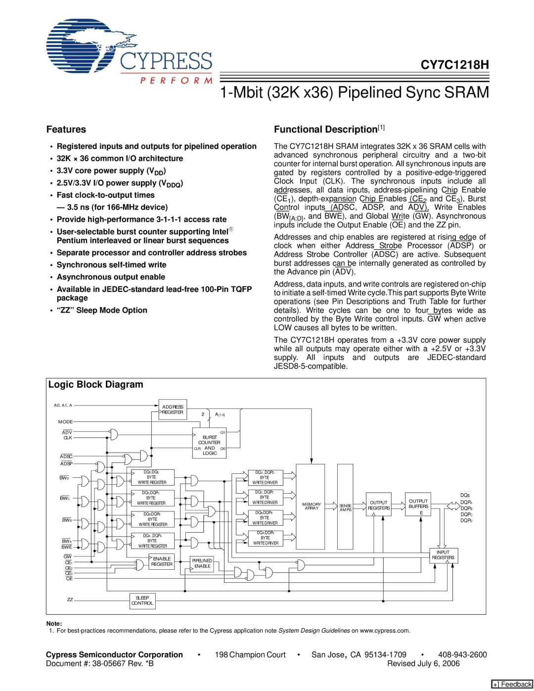 Cypress CY7C1218H manual Features, Functional Description1, Logic Block Diagram, Cypress Semiconductor Corporation 