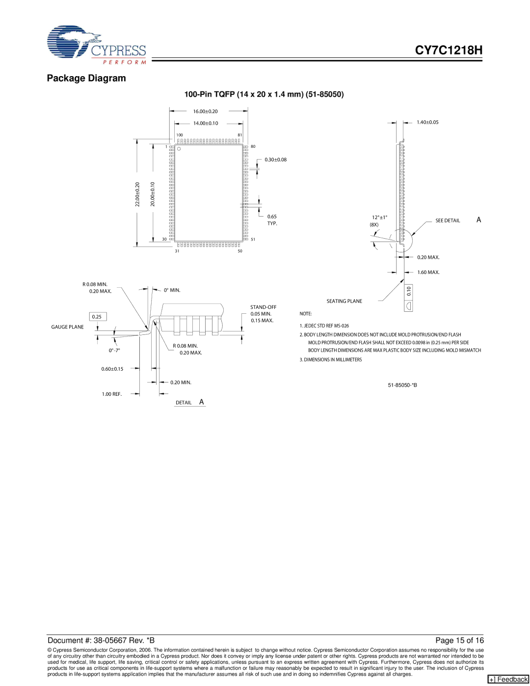 Cypress CY7C1218H manual Package Diagram, Pin Tqfp 14 x 20 x 1.4 mm 