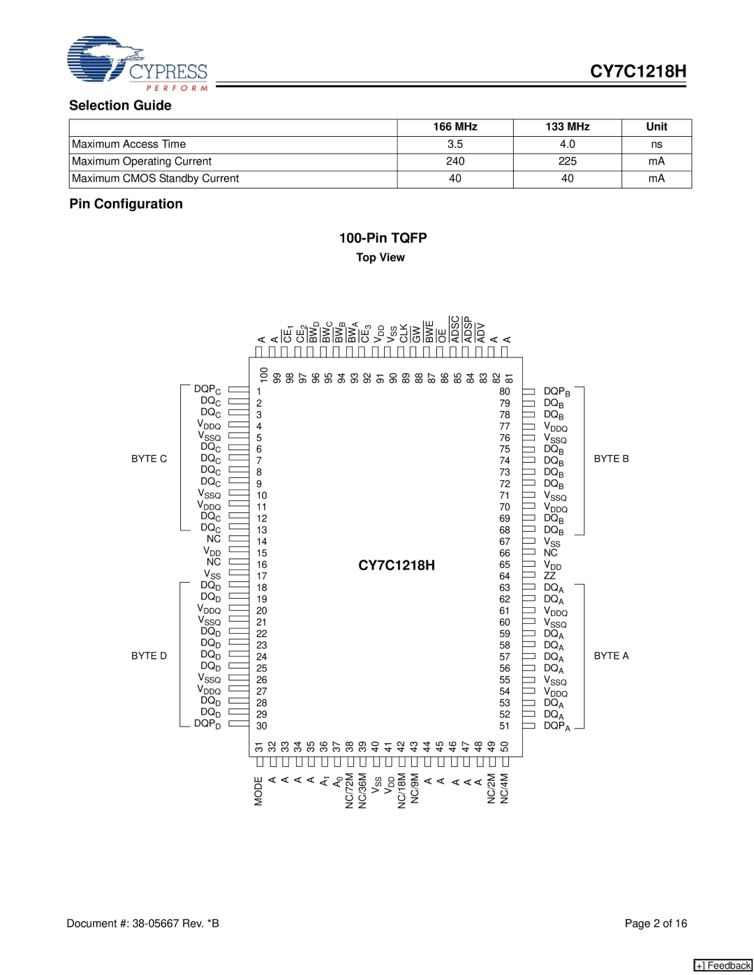 Cypress CY7C1218H manual Selection Guide, Pin Configuration Pin Tqfp, MHz 133 MHz Unit, Top View 