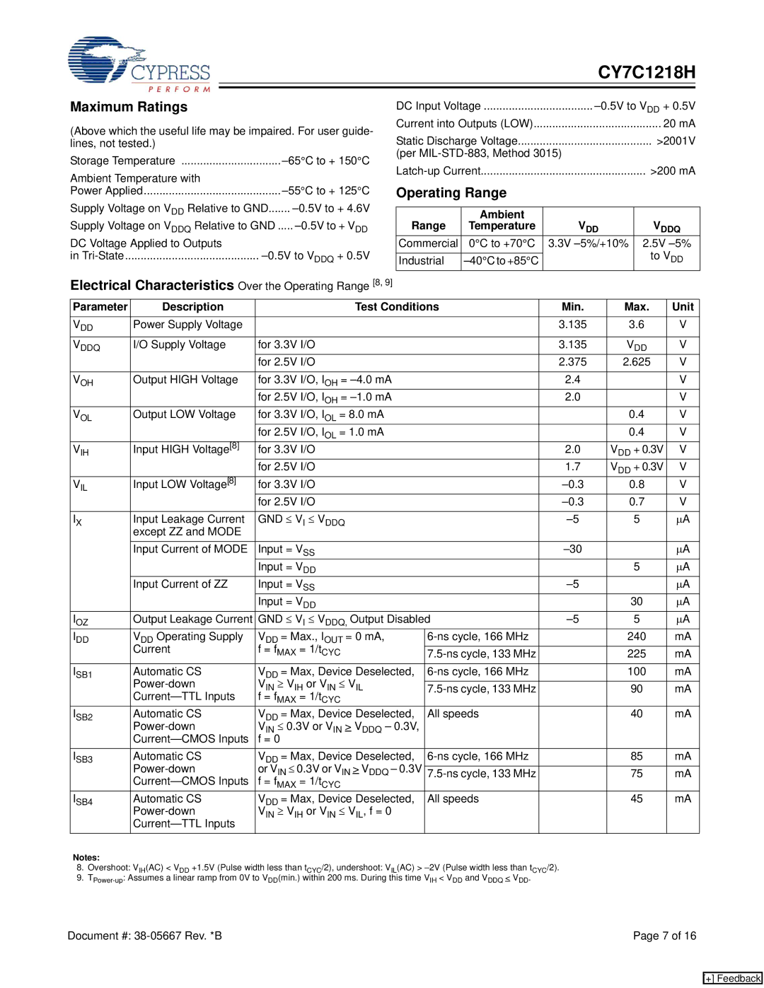 Cypress CY7C1218H manual Maximum Ratings, Operating Range, Ambient Range, Description Test Conditions Min Max Unit 