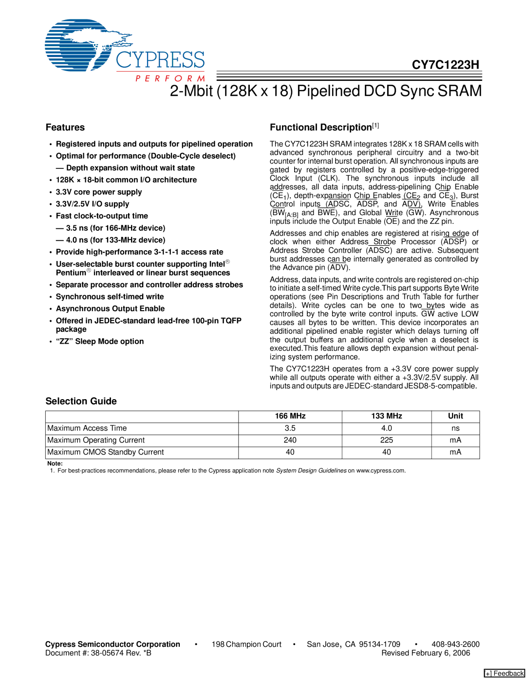 Cypress CY7C1223H manual Features, Selection Guide, MHz 133 MHz Unit, Cypress Semiconductor Corporation 