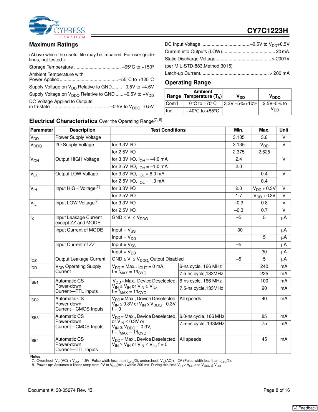 Cypress CY7C1223H manual Maximum Ratings, Electrical Characteristics Over the Operating Range7, Ambient Range 