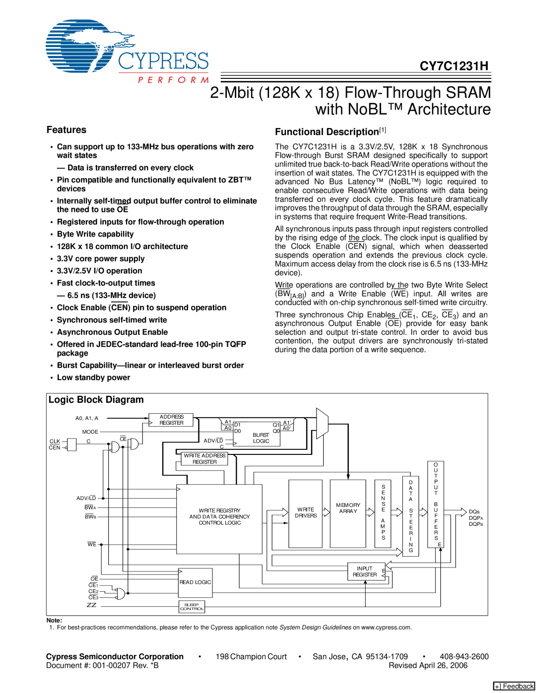 Cypress CY7C1231H manual Features, Functional Description1, Logic Block Diagram, Cypress Semiconductor Corporation 