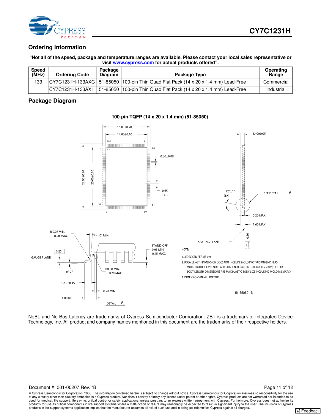 Cypress CY7C1231H manual Ordering Information, Package Diagram, Pin Tqfp 14 x 20 x 1.4 mm 