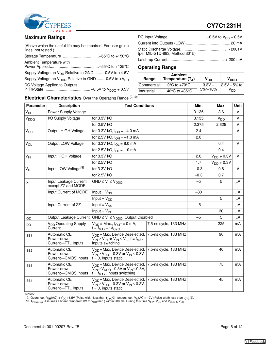 Cypress CY7C1231H manual Maximum Ratings, Operating Range, Ambient Range 