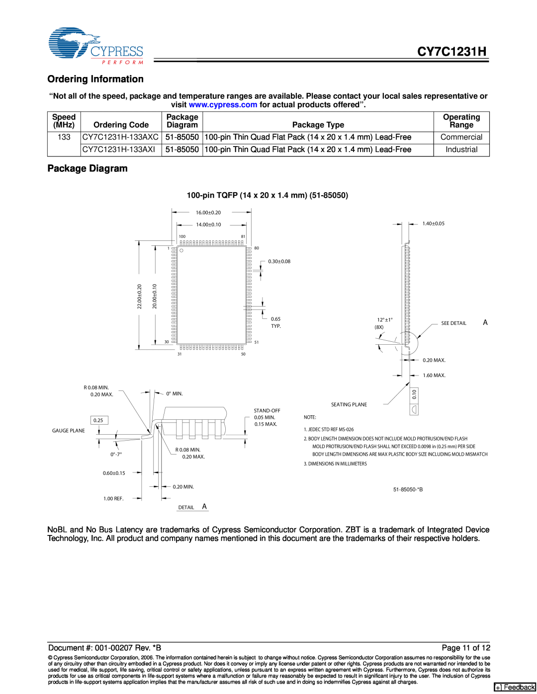 Cypress CY7C1231H manual Ordering Information, Package Diagram 