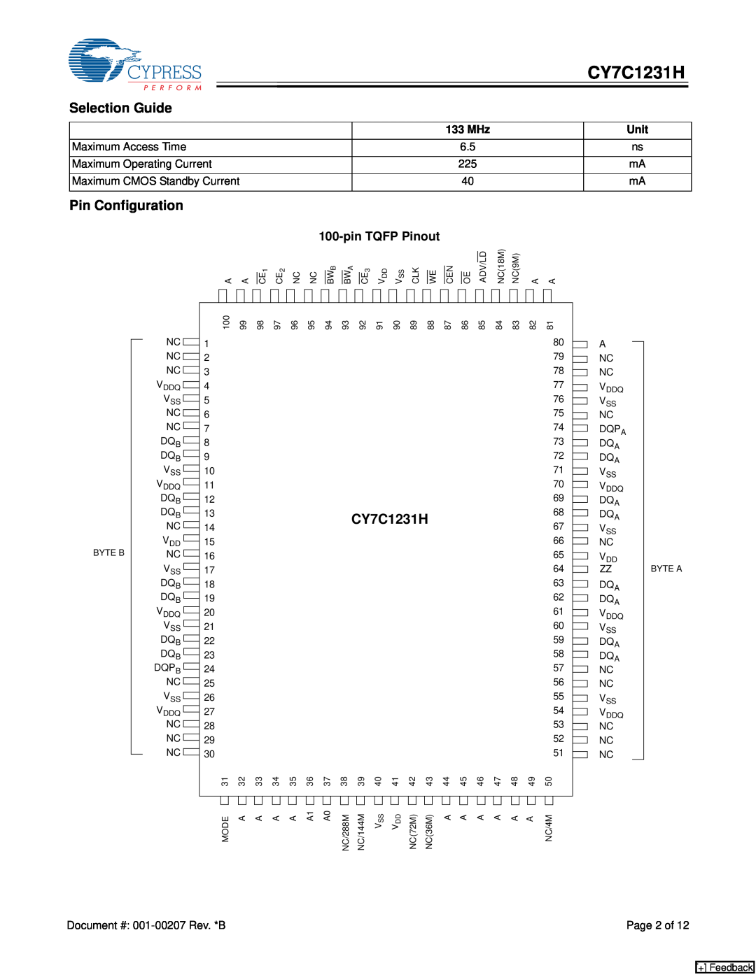 Cypress CY7C1231H manual Selection Guide, Pin Configuration, pin TQFP Pinout, + Feedback 