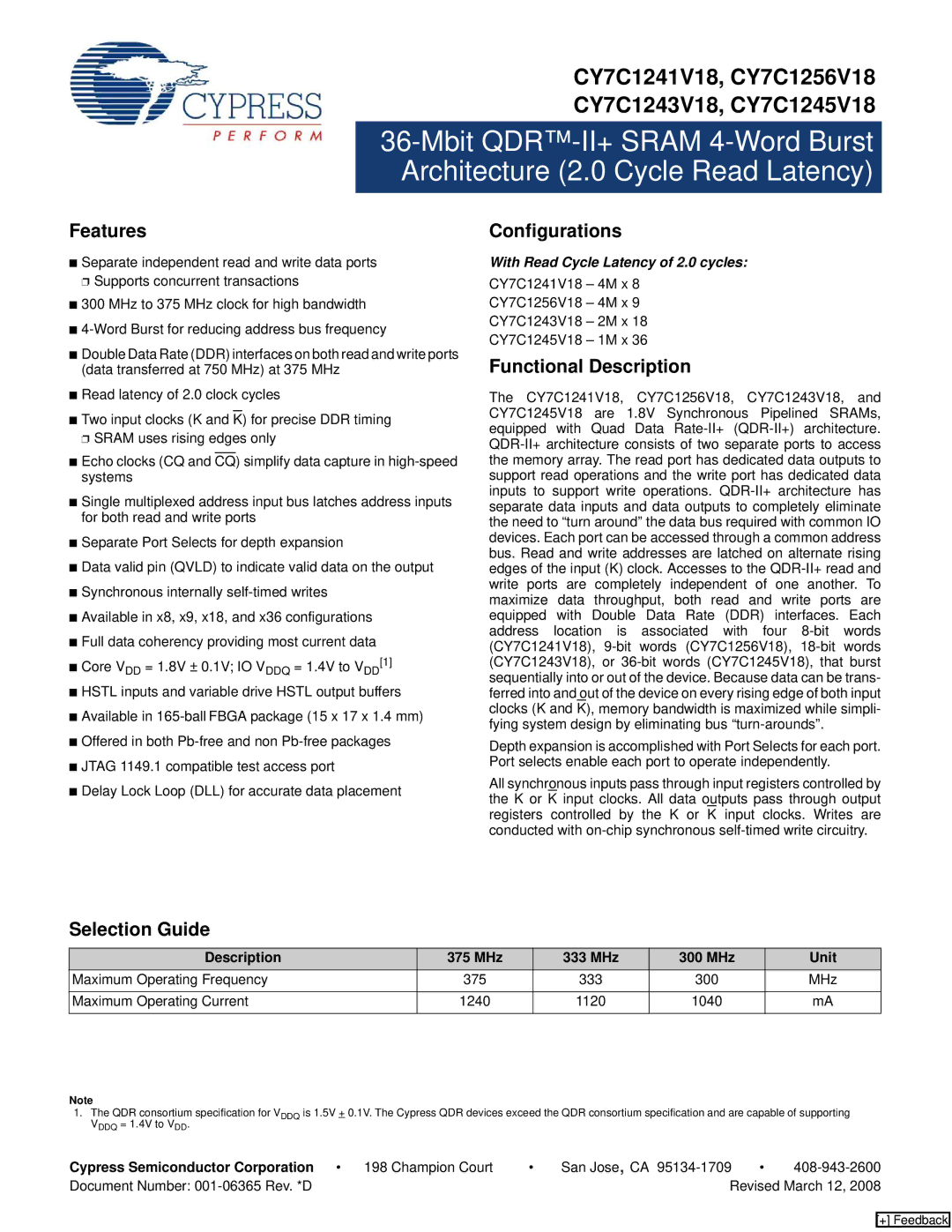 Cypress CY7C1243V18, CY7C1241V18, CY7C1245V18 manual Features, Configurations, Functional Description, Selection Guide 