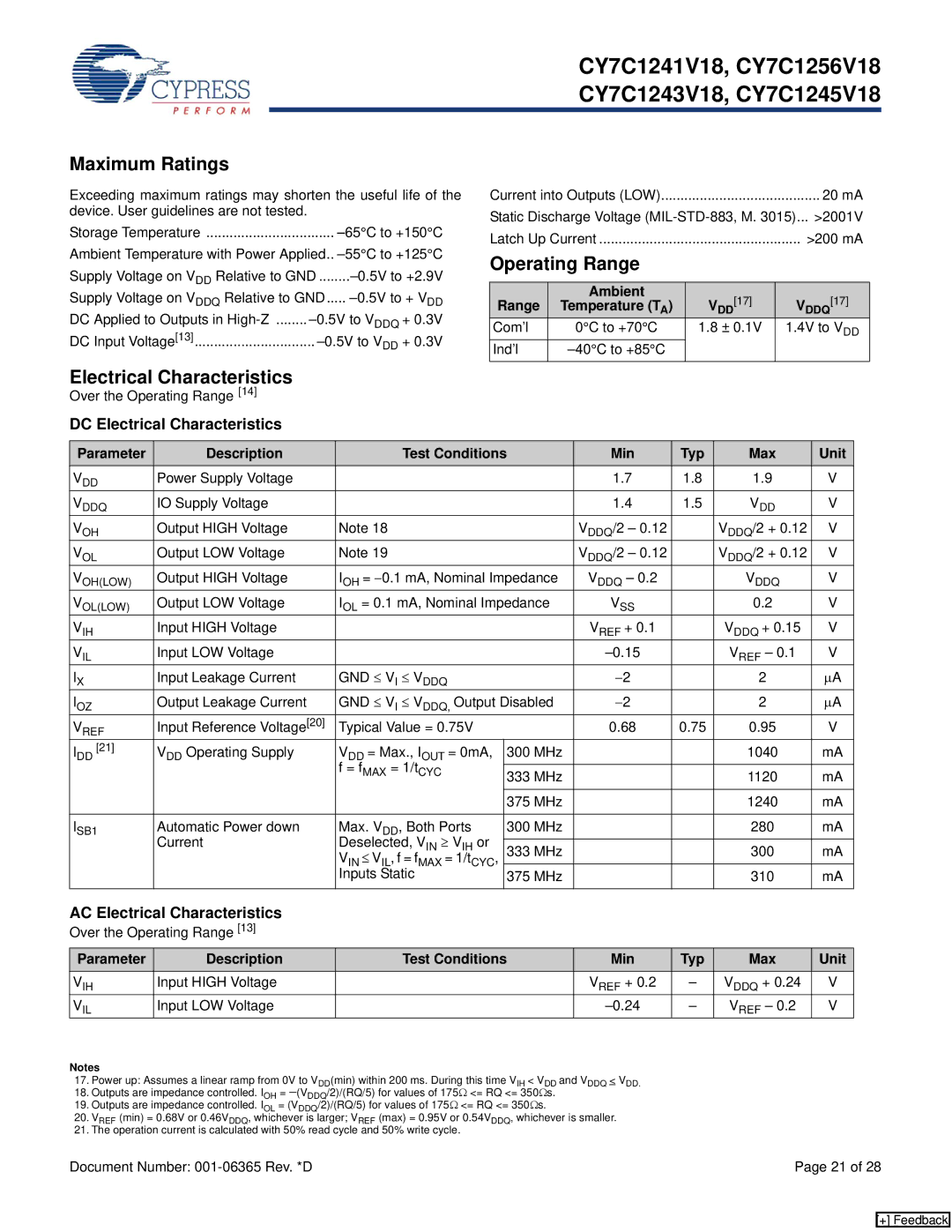 Cypress CY7C1243V18 Maximum Ratings, Operating Range, DC Electrical Characteristics, AC Electrical Characteristics 