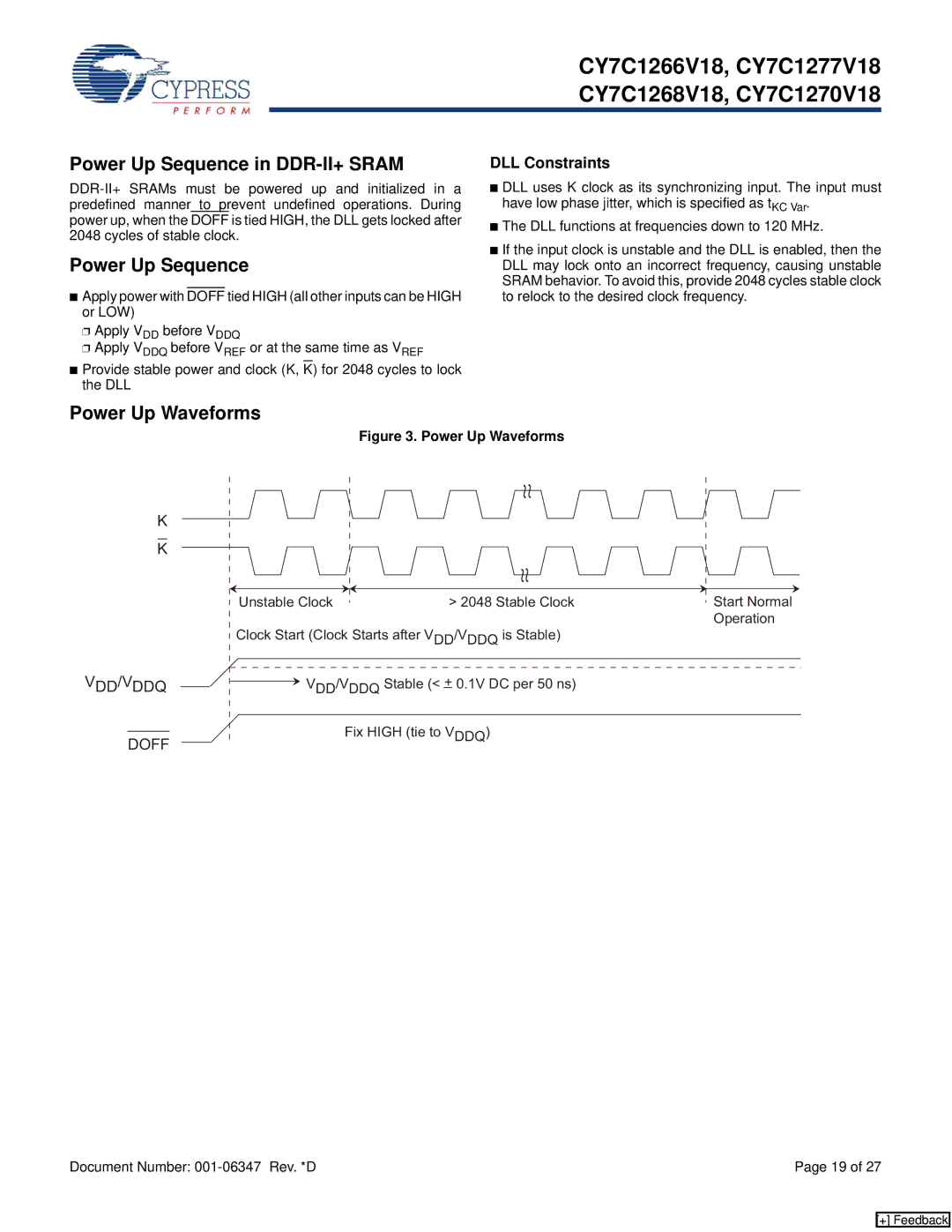 Cypress CY7C1277V18, CY7C1270V18, CY7C1266V18 manual Power Up Sequence in DDR-II+ Sram, Power Up Waveforms, DLL Constraints 