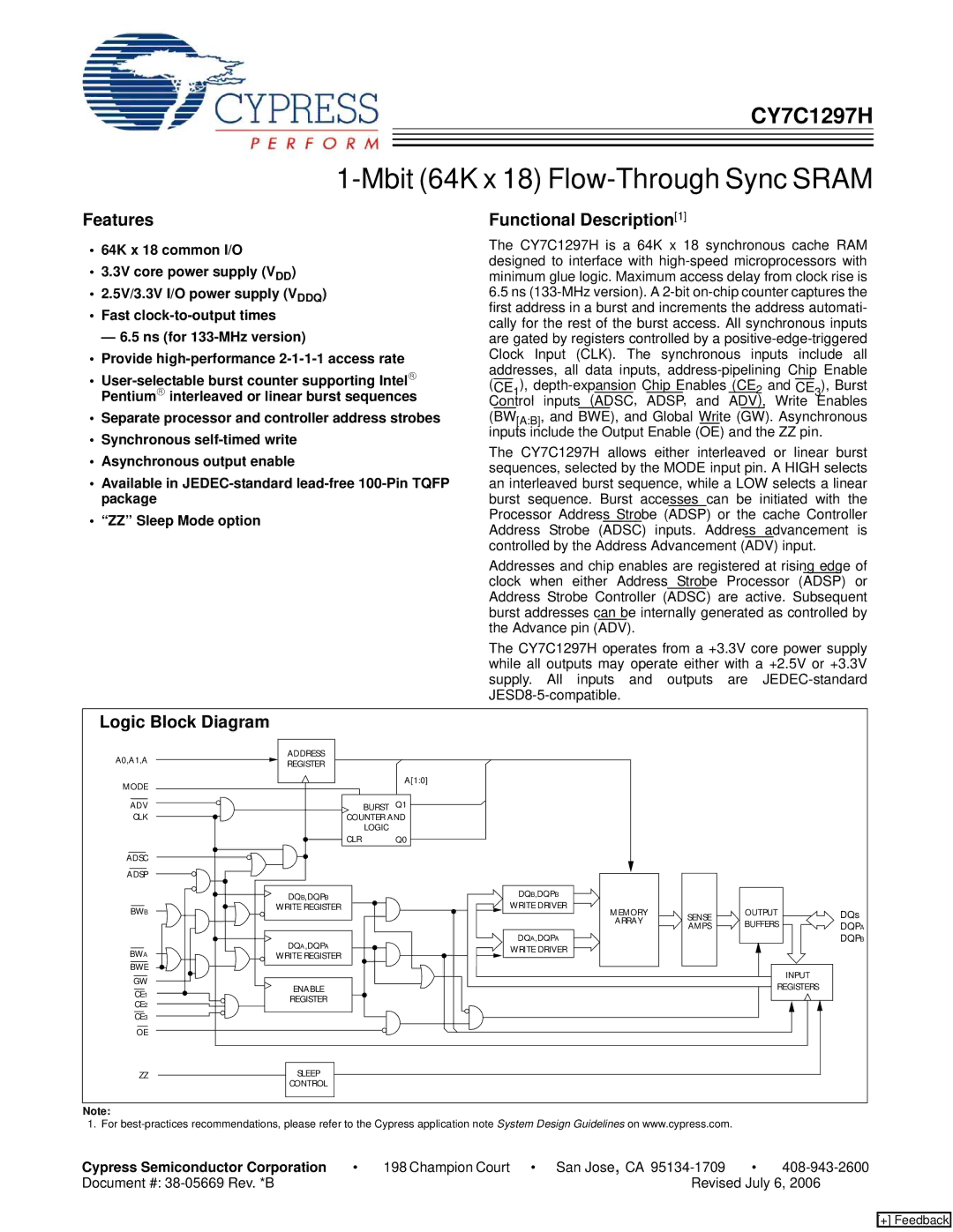 Cypress CY7C1297H manual Features, Functional Description1, Logic Block Diagram, Cypress Semiconductor Corporation 