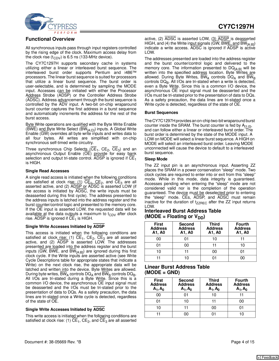 Cypress CY7C1297H manual Functional Overview, Interleaved Burst Address Table Mode = Floating or VDD 