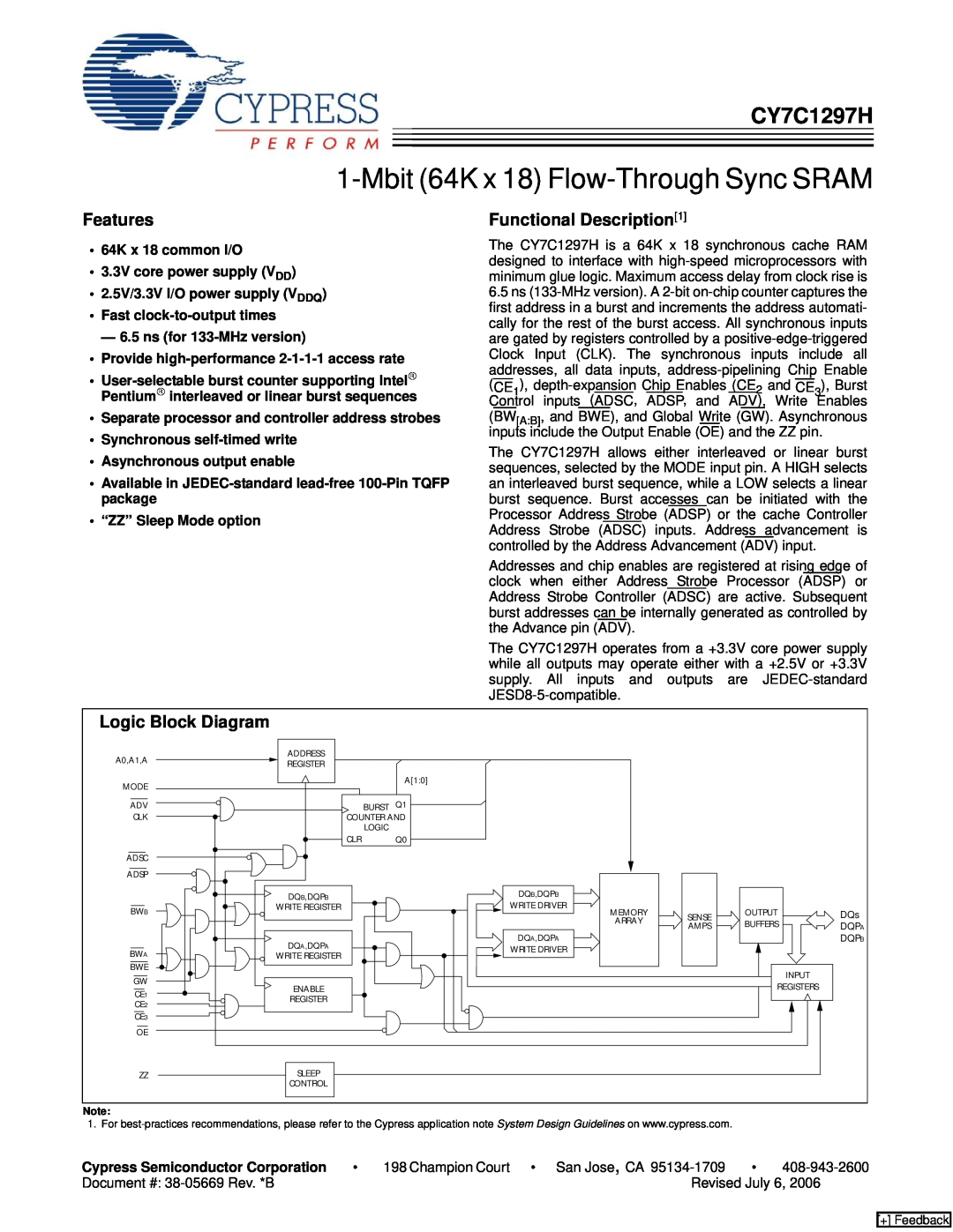 Cypress CY7C1297H manual Features, Functional Description1, Logic Block Diagram, Mbit 64K x 18 Flow-Through Sync SRAM 