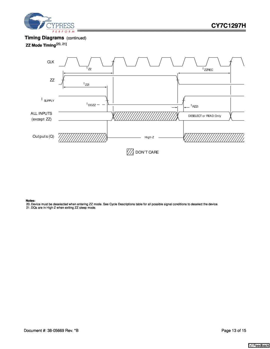 Cypress CY7C1297H manual Timing Diagrams continued, ZZ Mode Timing20, Page 13 of, + Feedback 