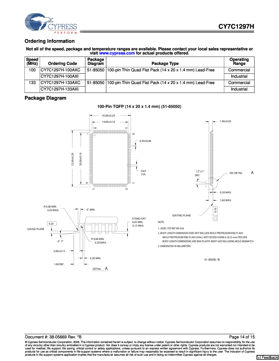 Cypress CY7C1297H manual Ordering Information, Package Diagram 
