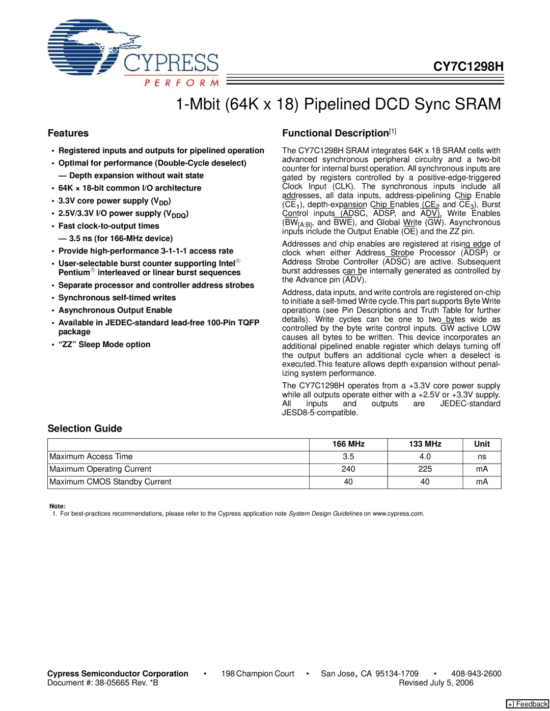 Cypress CY7C1298H manual Features, Selection Guide Functional Description1, MHz 133 MHz Unit 