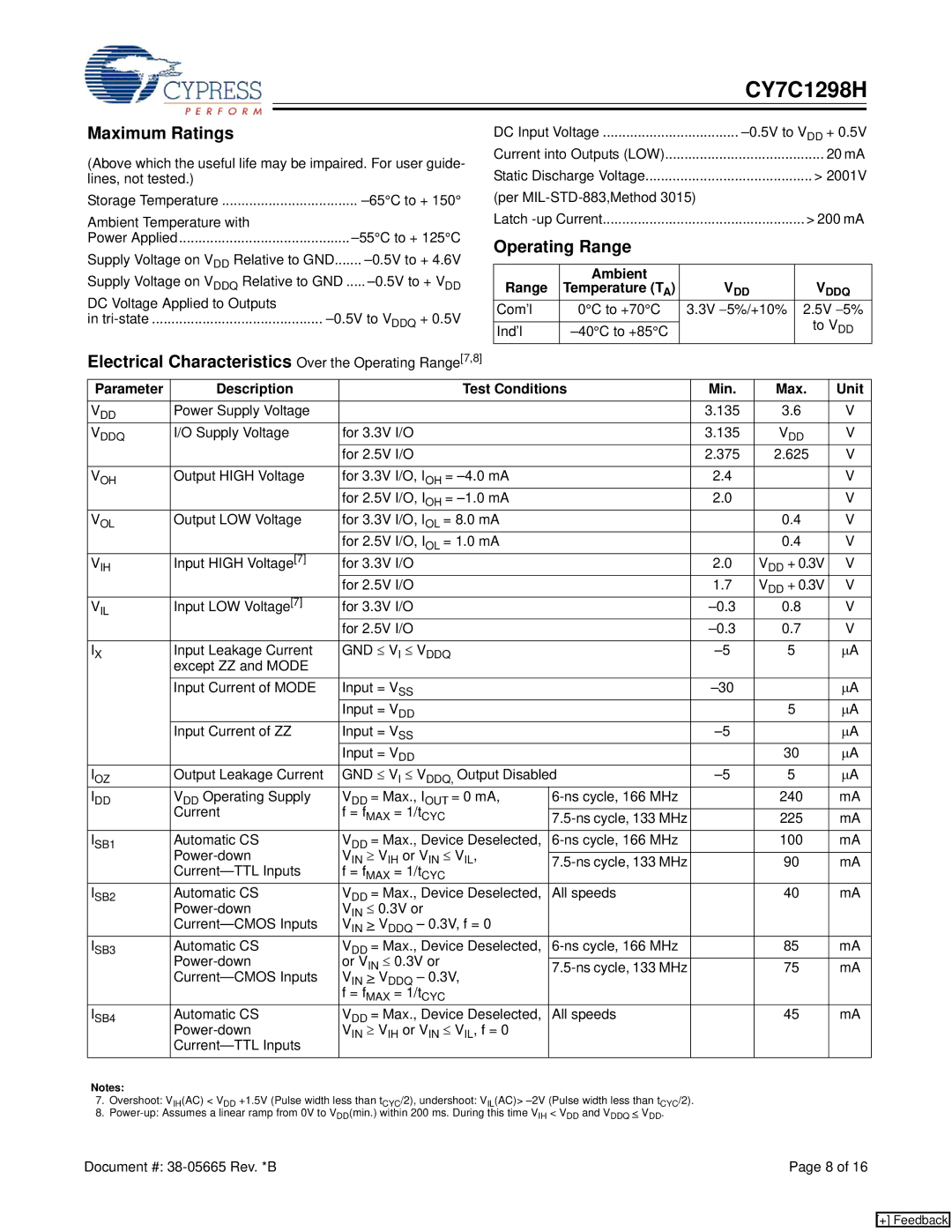 Cypress CY7C1298H manual Maximum Ratings, Electrical Characteristics Over the Operating Range7,8, Ambient Range 