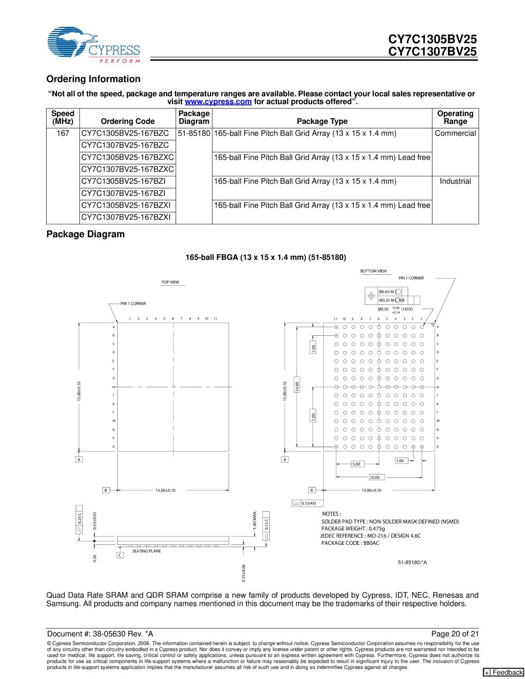 Cypress manual Ordering Information, Package Diagram, CY7C1307BV25-167BZC CY7C1305BV25-167BZXC, CY7C1307BV25-167BZXI 