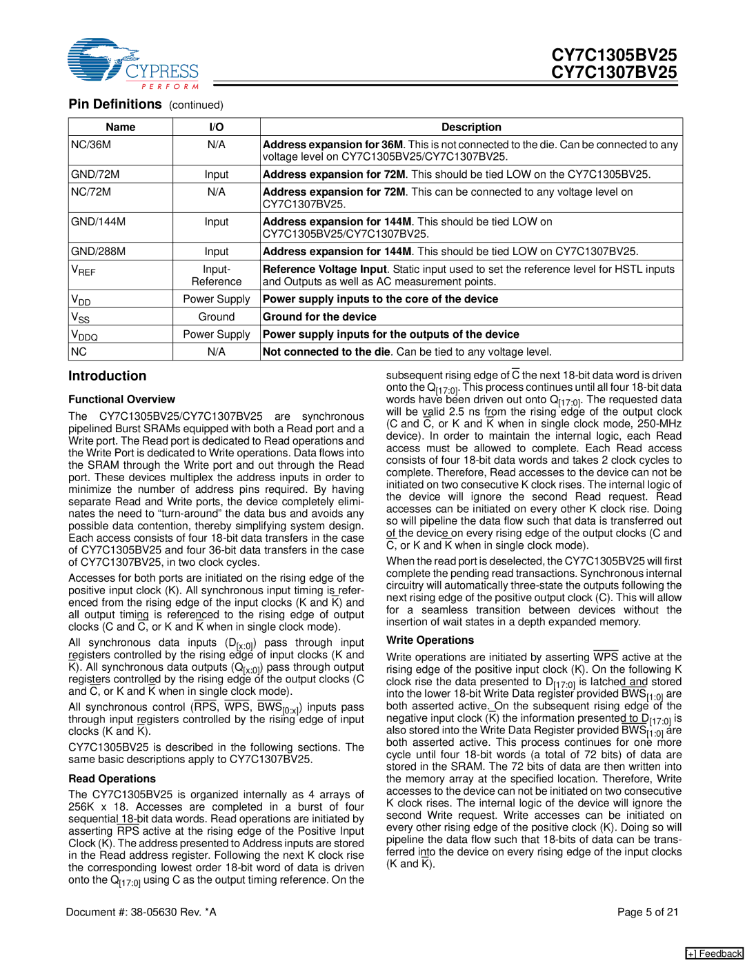 Cypress CY7C1307BV25, CY7C1305BV25 manual Introduction 