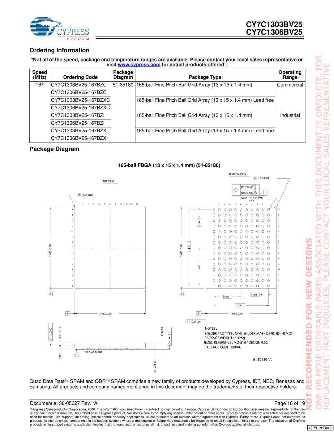 Cypress manual Ordering Information, Package Diagram, CY7C1306BV25-167BZC CY7C1303BV25-167BZXC, CY7C1306BV25-167BZXI 