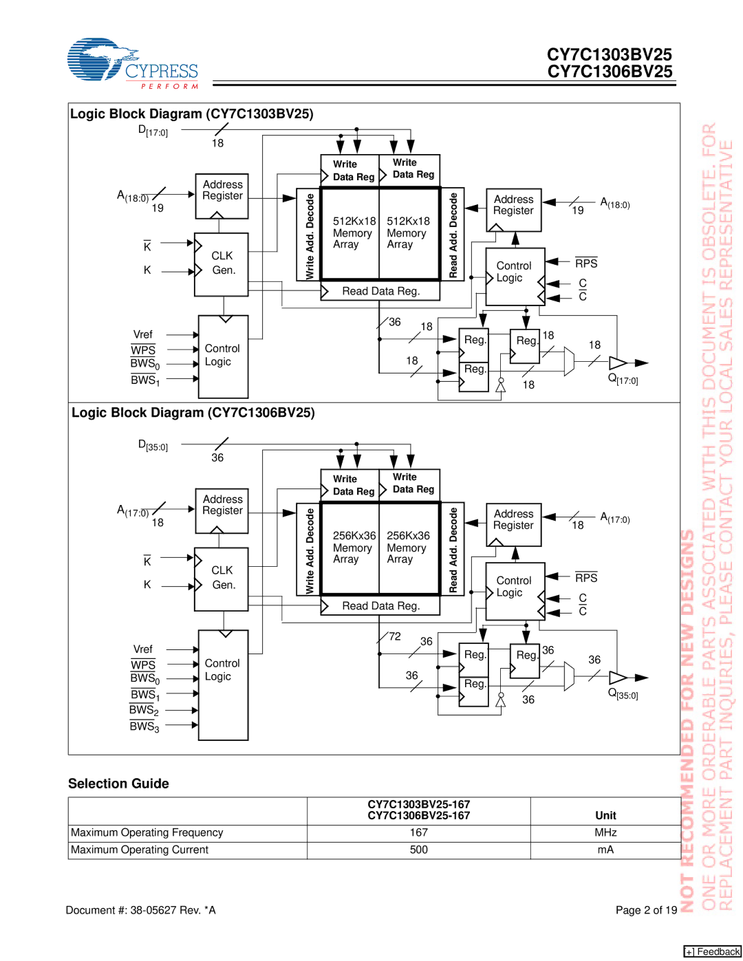 Cypress Logic Block Diagram CY7C1303BV25, Logic Block Diagram CY7C1306BV25, Selection Guide, CY7C1303BV25-167 Unit 