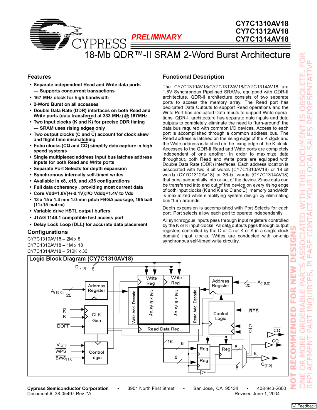 Cypress CY7C1314AV18 manual Features, Configurations, Functional Description, Logic Block Diagram CY7C1310AV18 