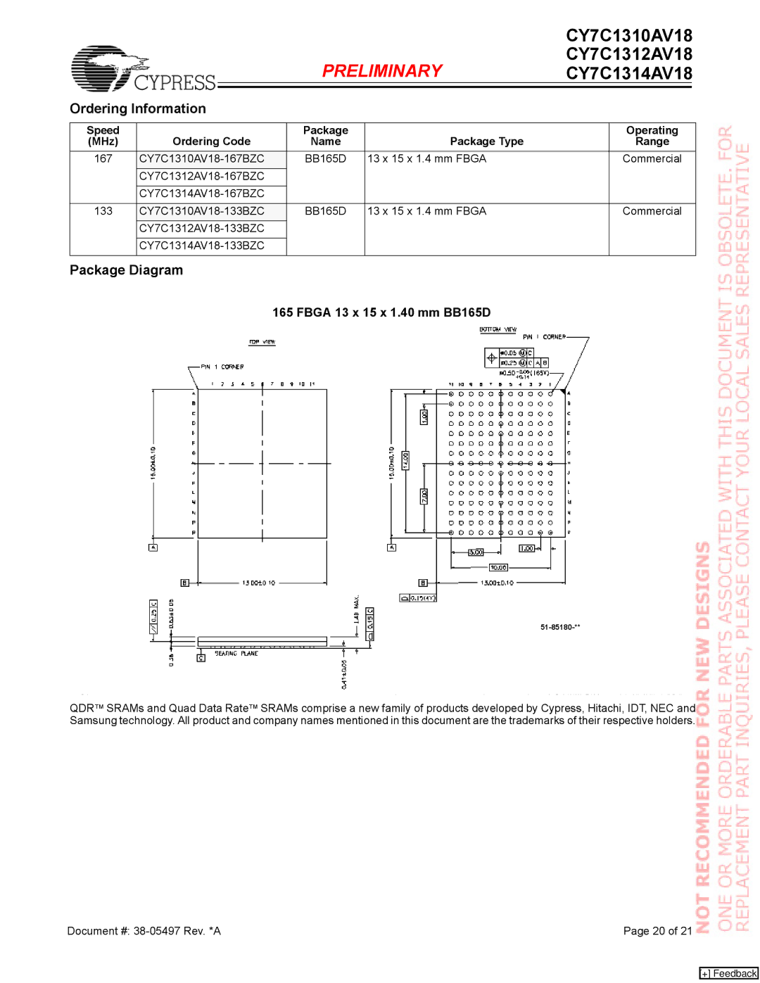 Cypress CY7C1310AV18, CY7C1312AV18, CY7C1314AV18 manual Ordering Information, Package Diagram 