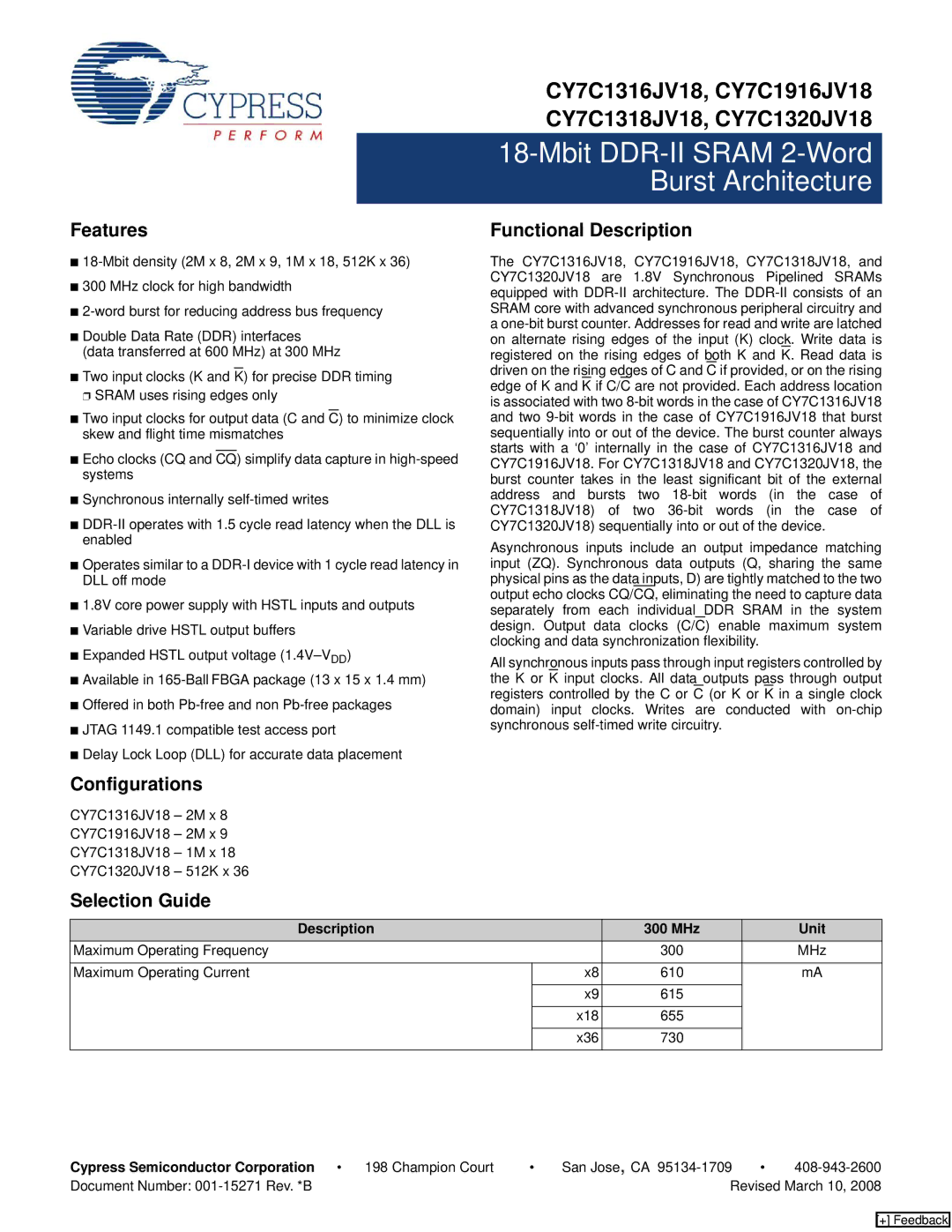 Cypress CY7C1320JV18, CY7C1316JV18, CY7C1318JV18 manual Features, Functional Description, Configurations, Selection Guide 