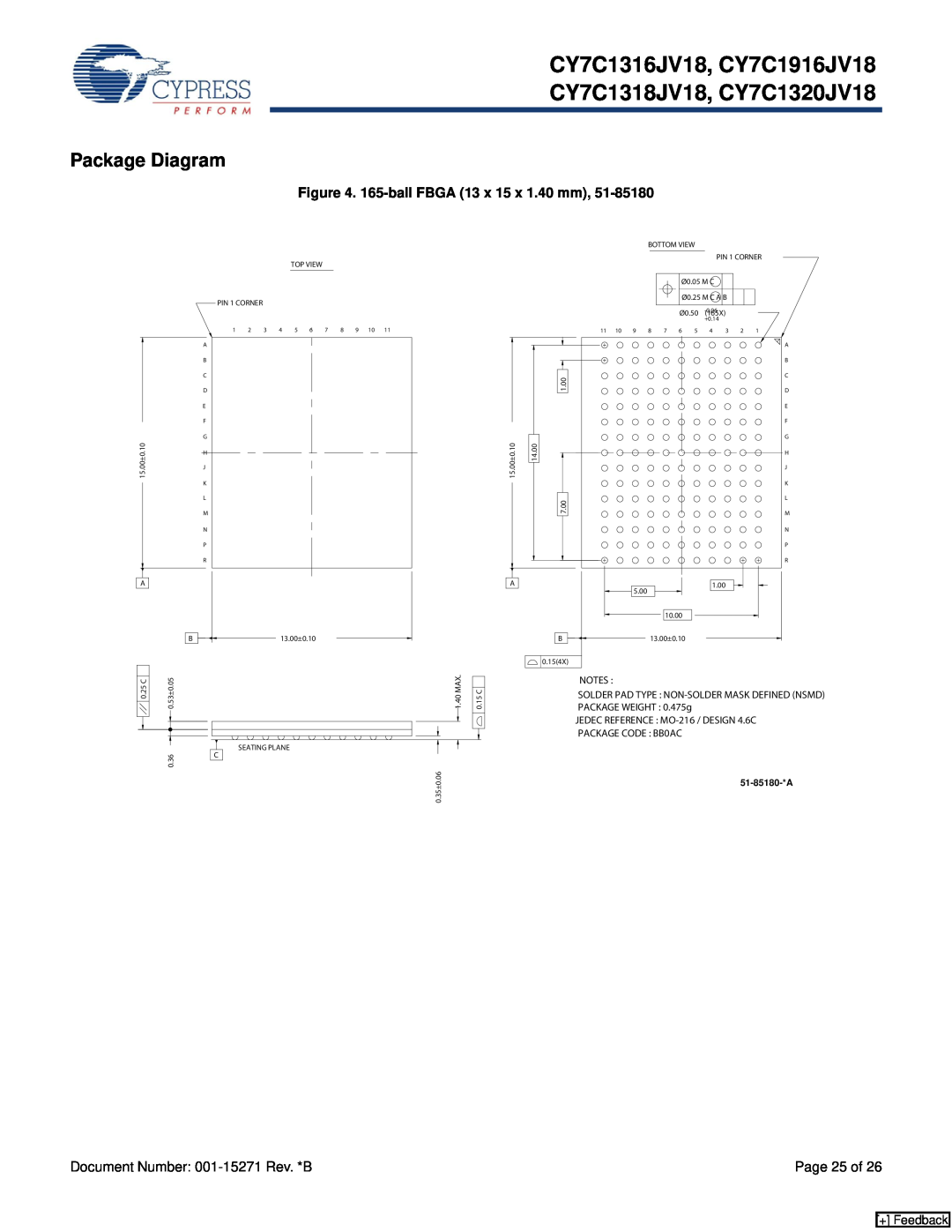 Cypress manual Package Diagram, CY7C1316JV18, CY7C1916JV18 CY7C1318JV18, CY7C1320JV18, 165-ball FBGA 13 x 15 x 1.40 mm 